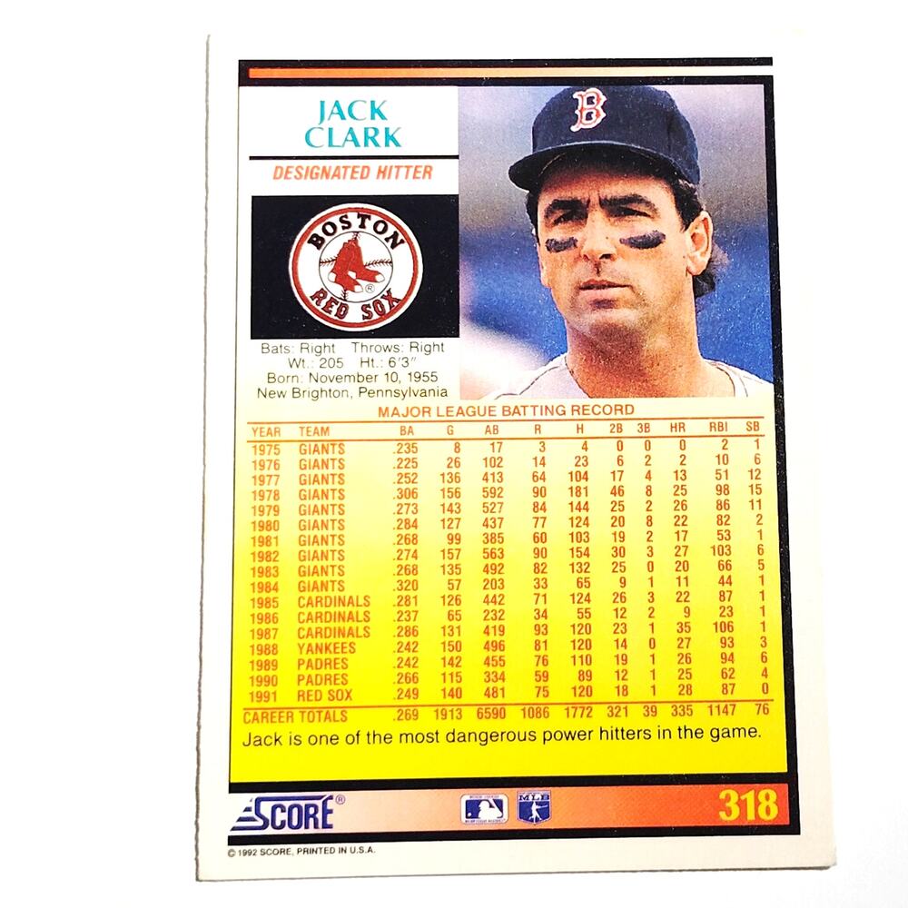1992 Score Jack Clark #318 Boston Red Sox First Baseman MLB Baseball NM